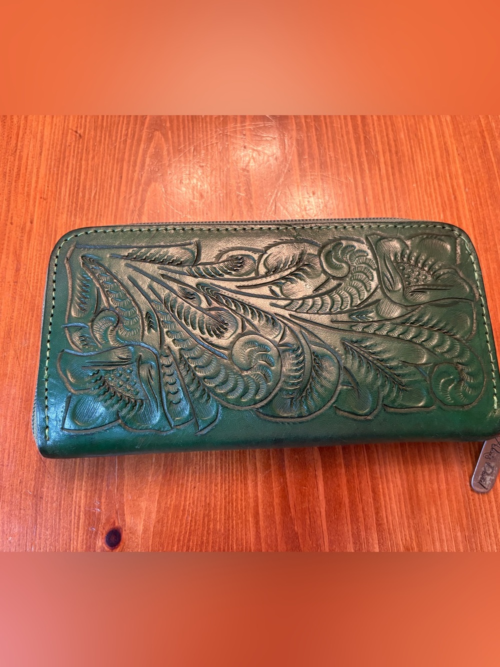 Alexis David Green Tooled Leather Zip Wallet